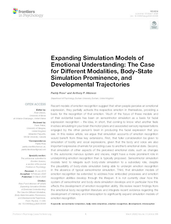 Expanding simulation models of emotional understanding: The case for different modalities, body-state simulation prominence and developmental trajectories Thumbnail