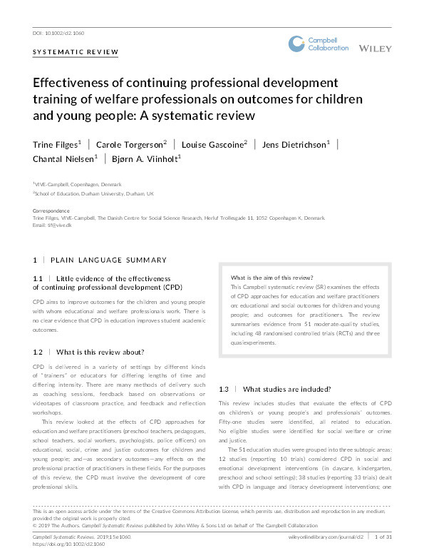 Effectiveness of continuing professional development training of welfare professionals on outcomes for children and young people: A systematic review Thumbnail