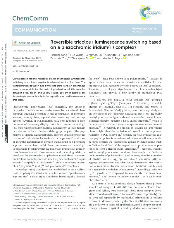 Reversible tricolour luminescence switching based on a piezochromic iridium(iii) complex Thumbnail