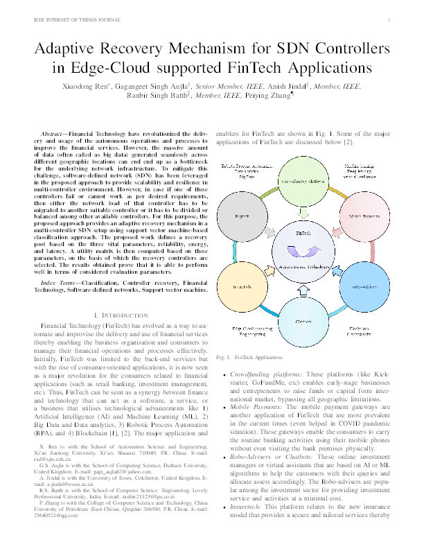 Adaptive Recovery Mechanism for SDN Controllers in Edge-Cloud supported FinTech Applications Thumbnail