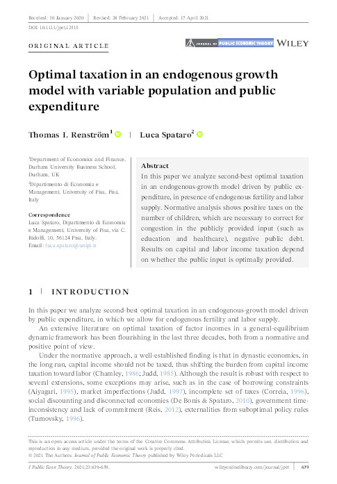 Optimal taxation in an endogenous growth model with variable population and public expenditure Thumbnail