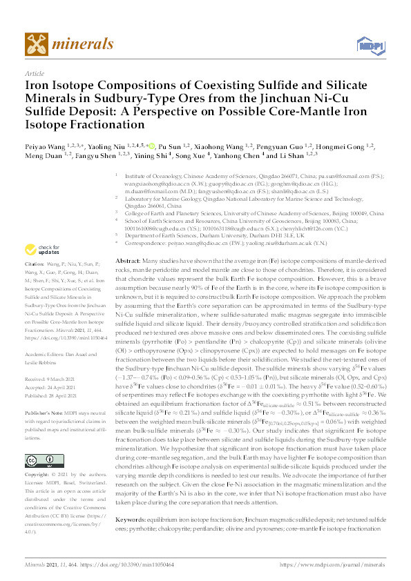 Iron isotope compositions of coexisting sulfide and silicate minerals in Sudbury-type ores from the Jinchuan Ni-Cu- sulfide deposit: A perspective on possible core-mantle iron isotope fractionation Thumbnail