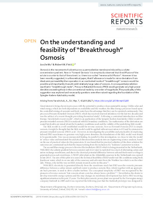 On the understanding and feasibility of “Breakthrough” Osmosis Thumbnail