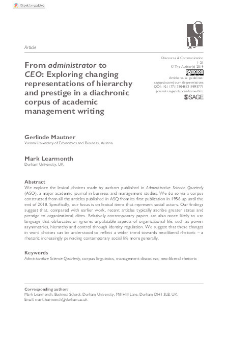 From administrator to CEO: Exploring changing representations of hierarchy and prestige in a diachronic corpus of academic management writing Thumbnail