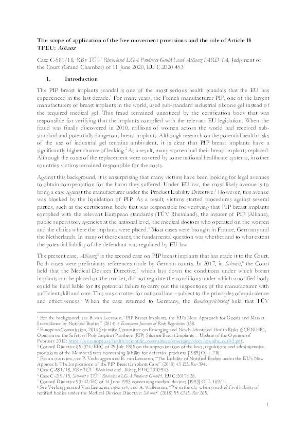 The scope of application of the free movement provisions and the role of Article 18 TFEU: Allianz Thumbnail