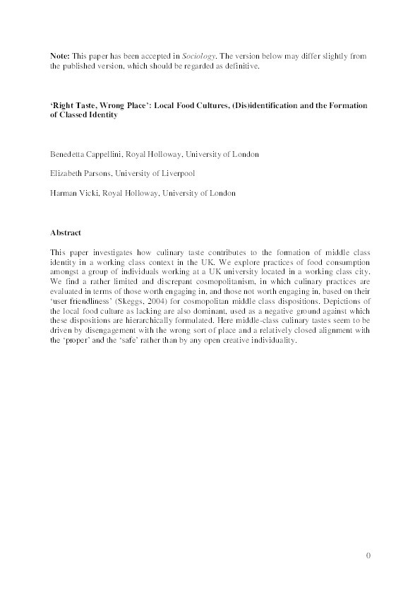 Right Taste, Wrong Place’: Local Food Cultures, (Dis)identification and the Formation of Middle-class Identity Thumbnail