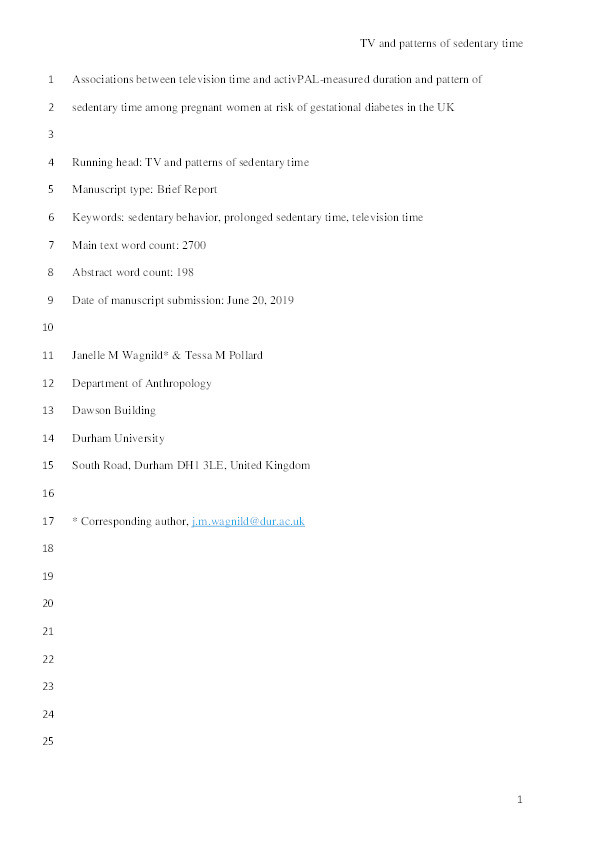 Associations Between Television Time and activPAL-Measured Duration and Pattern of Sedentary Time Among Pregnant Women at Risk of Gestational Diabetes in the UK Thumbnail