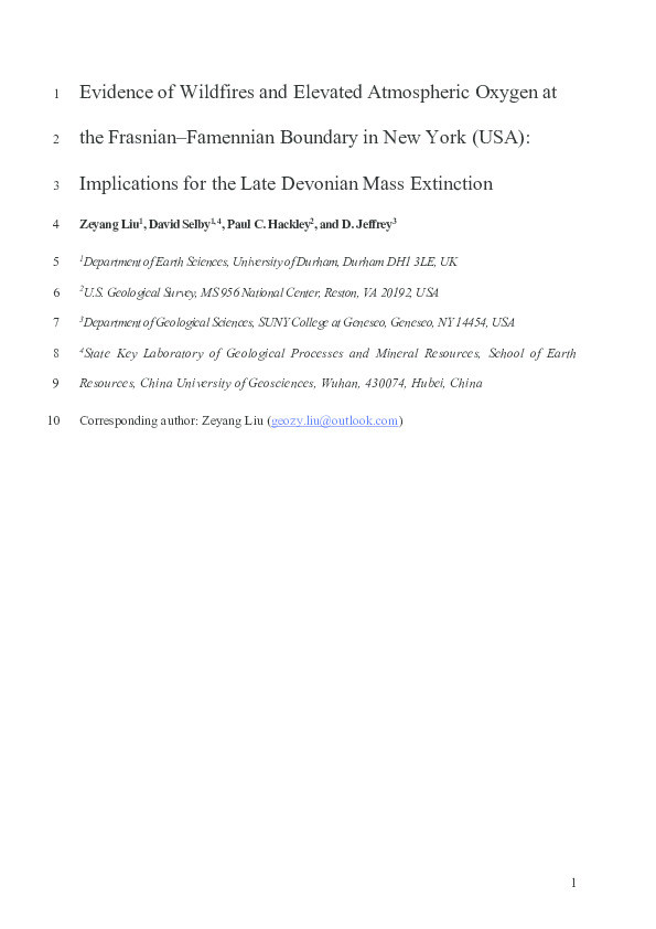 Evidence of wildfires and elevated atmospheric oxygen at the Frasnian−Famennian boundary in New York (USA): Implications for the Late Devonian mass extinction Thumbnail