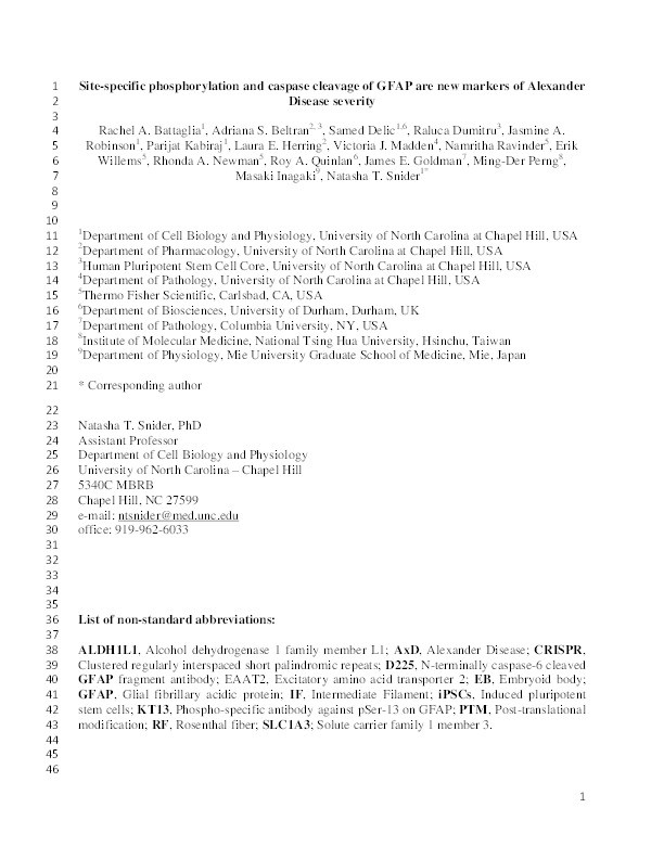 Site-specific phosphorylation and caspase cleavage of GFAP are new markers of Alexander Disease severity Thumbnail