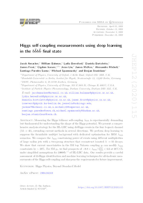 Higgs self-coupling measurements using deep learning in the bb¯¯bb¯¯ final state Thumbnail