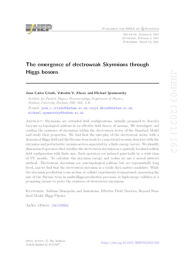 The emergence of electroweak Skyrmions through Higgs bosons Thumbnail