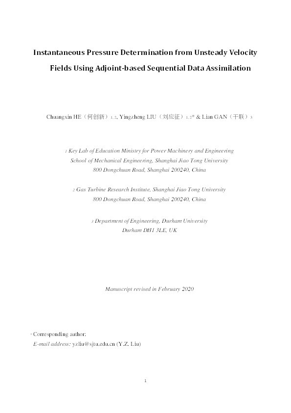 Instantaneous Pressure Determination from Unsteady Velocity Fields Using Adjoint-based Sequential Data Assimilation Thumbnail