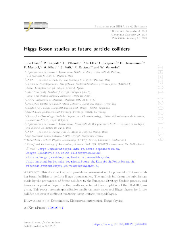 Higgs Boson studies at future particle colliders Thumbnail