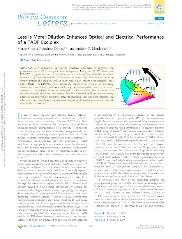 Less Is More: Dilution Enhances Optical and Electrical Performance of a TADF Exciplex Thumbnail