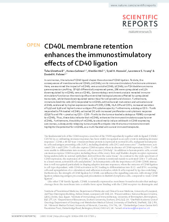 CD40L membrane retention enhances the immunostimulatory effects of CD40 ligation Thumbnail