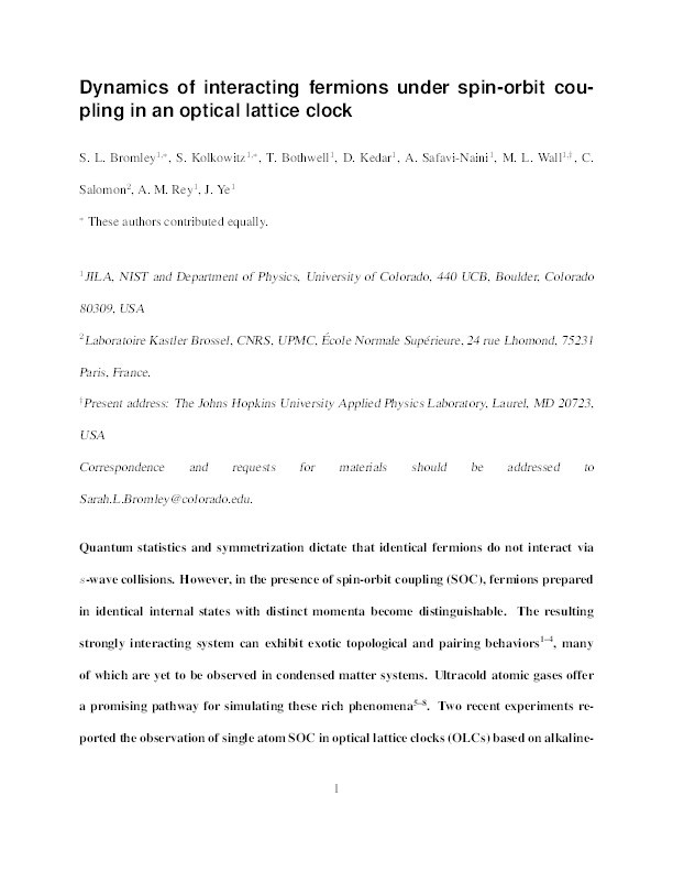 Dynamics of interacting fermions under spin-orbit coupling in an optical lattice clock Thumbnail
