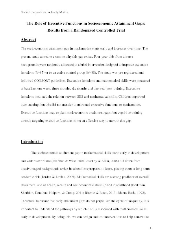 The Role of Executive Functions in Socioeconomic Attainment Gaps: Results From a Randomized Controlled Trial Thumbnail