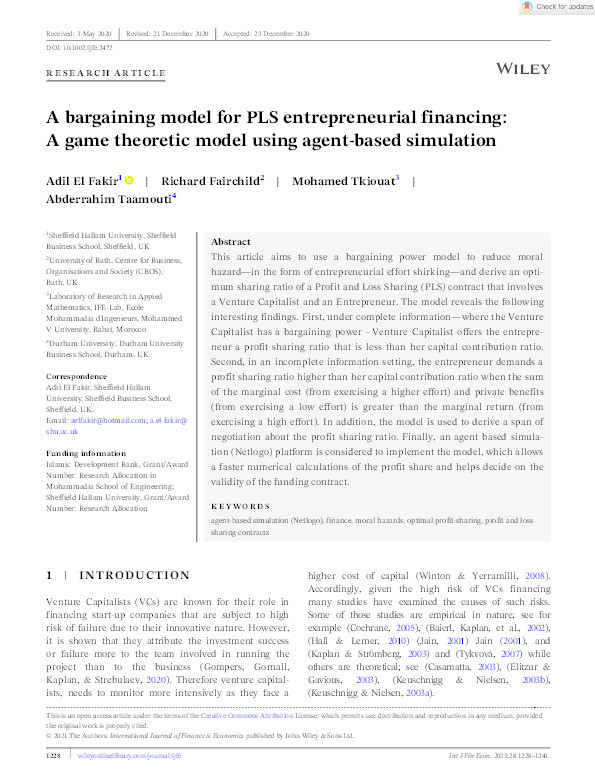 A bargaining model for PLS entrepreneurial financing: A game theoretic model using agent-based simulation Thumbnail