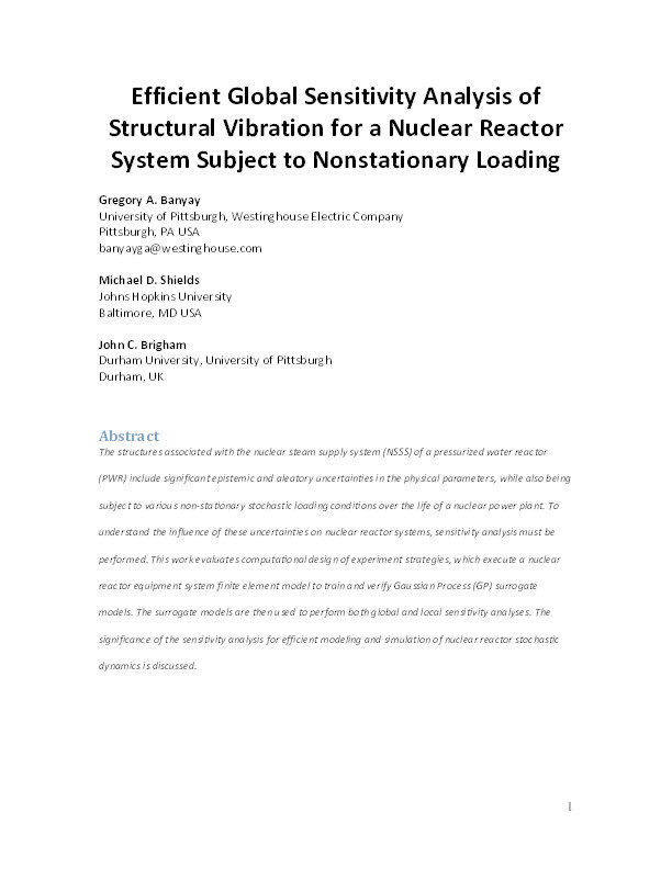Efficient Global Sensitivity Analysis of Structural Vibration for a Nuclear Reactor System Subject to Nonstationary Loading Thumbnail