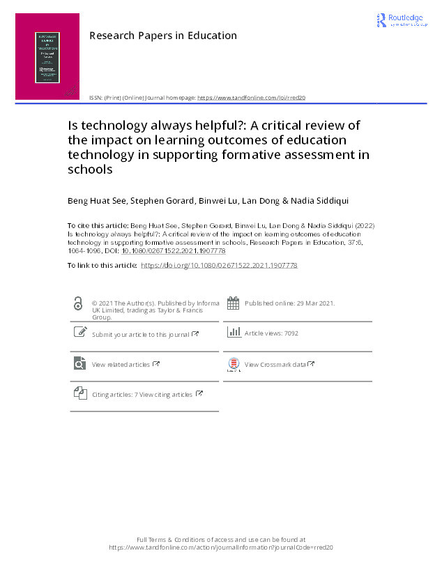 Is technology always helpful?: A critical review of the impact on learning outcomes of education technology in supporting formative assessment in schools Thumbnail