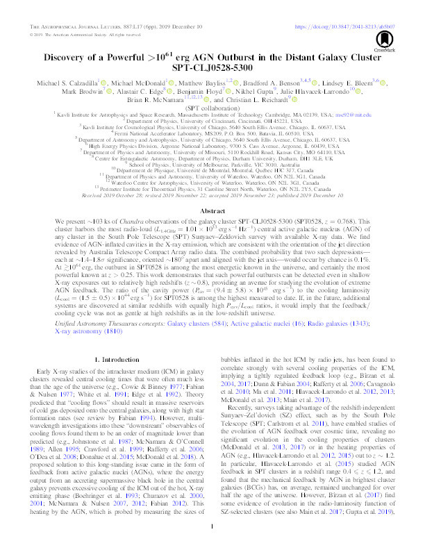 Discovery of a Powerful >1061 erg AGN Outburst in the Distant Galaxy Cluster SPT-CLJ0528-5300 Thumbnail