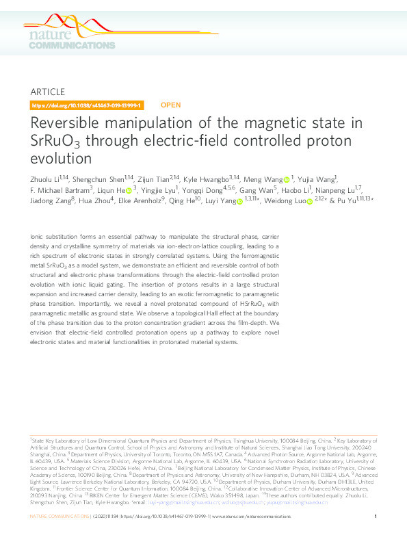 Reversible manipulation of the magnetic state in SrRuO3 through electric-field controlled proton evolution Thumbnail