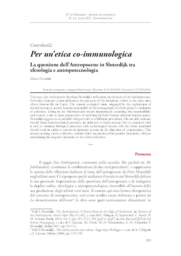 Per un’etica co-immunologica. La questione dell’Antropocene in Sloterdijk tra sferologia e antropotecnologia Thumbnail