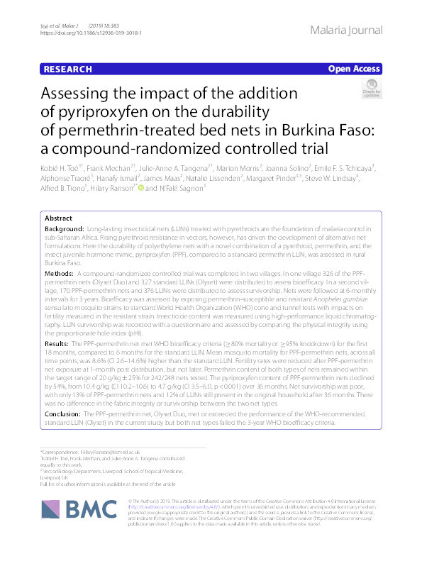 Assessing the impact of the addition of pyriproxyfen on the durability of permethrin-treated bed nets in Burkina Faso: a compound-randomized controlled trial Thumbnail