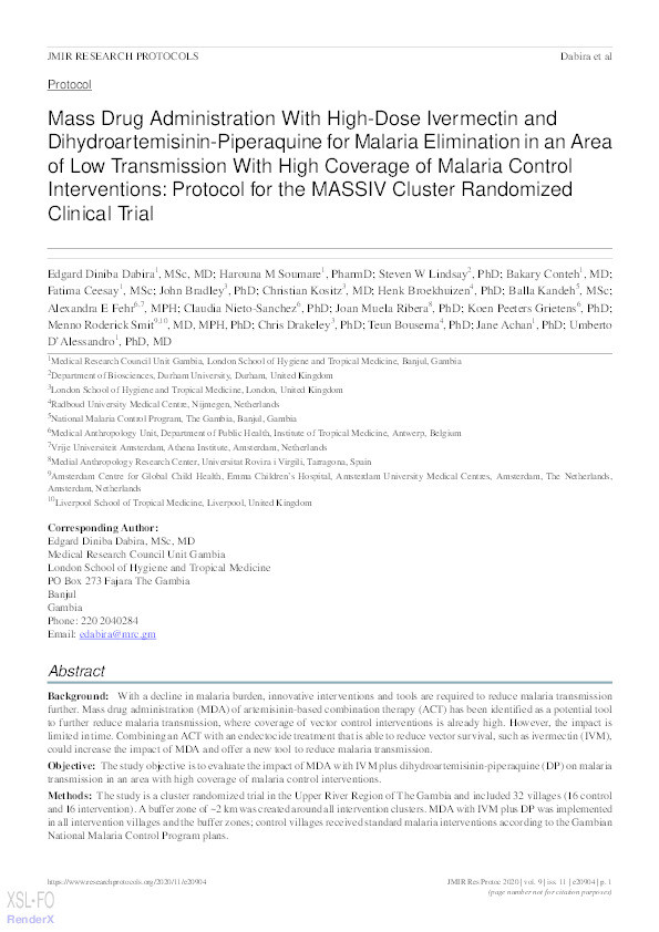 Mass Drug Administration With High-Dose Ivermectin and Dihydroartemisinin-Piperaquine for Malaria Elimination in an Area of Low Transmission With High Coverage of Malaria Control Interventions: Protocol for the MASSIV Cluster Randomized Clinical Trial Thumbnail