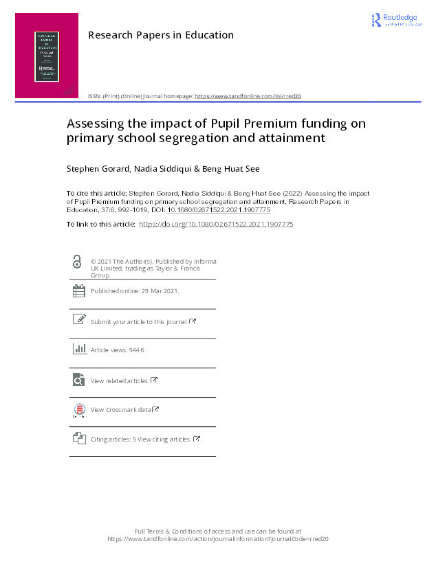 Assessing the impact of Pupil Premium funding on primary school segregation and attainment Thumbnail