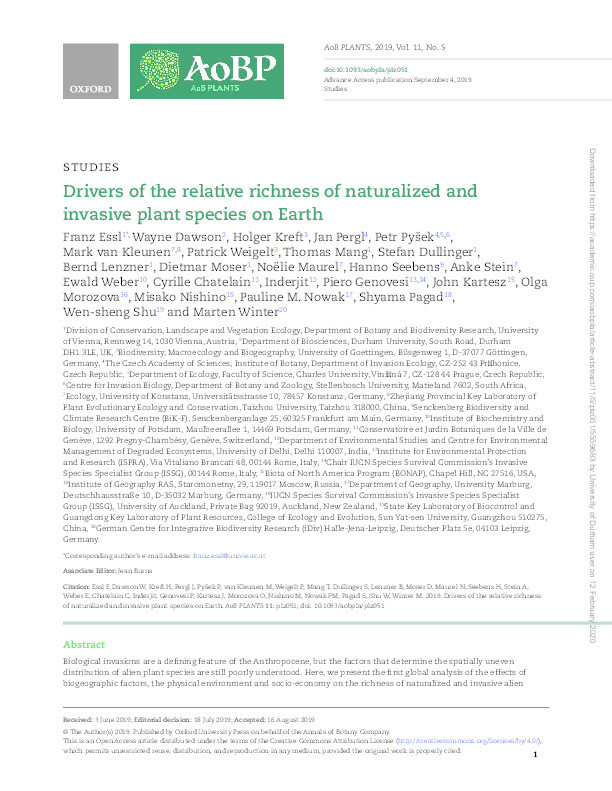 Drivers of the relative richness of naturalized and invasive plant species on Earth Thumbnail