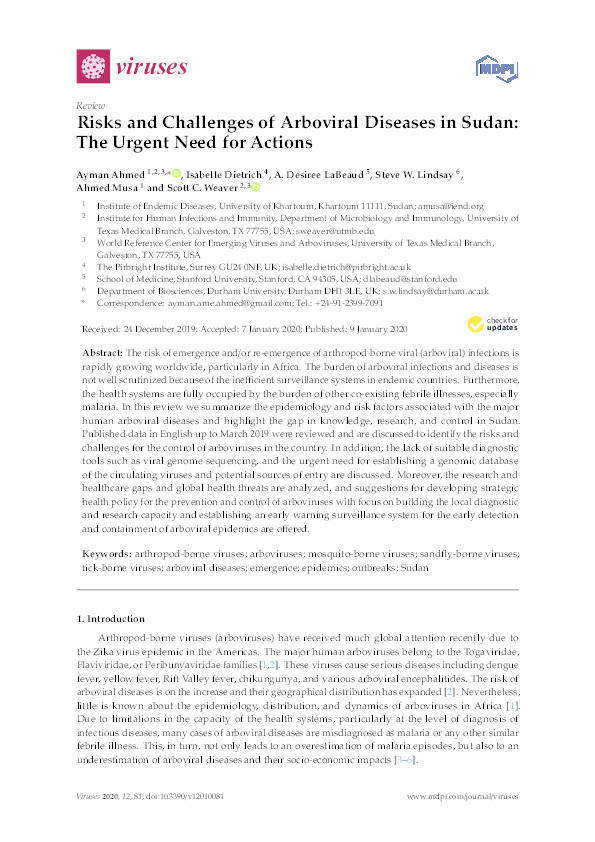 Risks and Challenges of Arboviral Diseases in Sudan: The Urgent Need for Actions Thumbnail