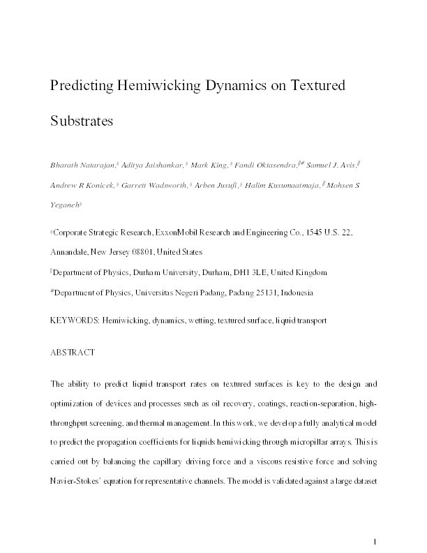 Predicting Hemiwicking Dynamics on Textured Substrates Thumbnail