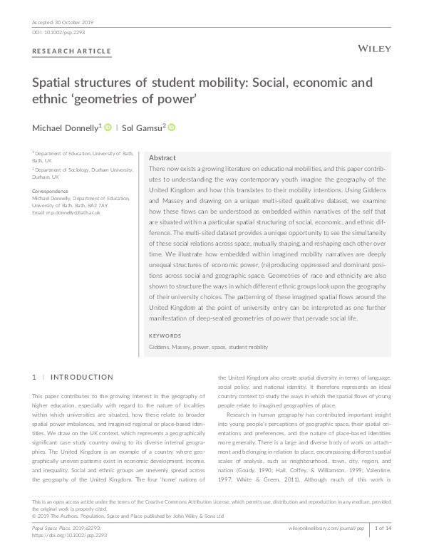 Spatial structures of student mobility: Social, economic and ethnic ‘geometries of power’ Thumbnail