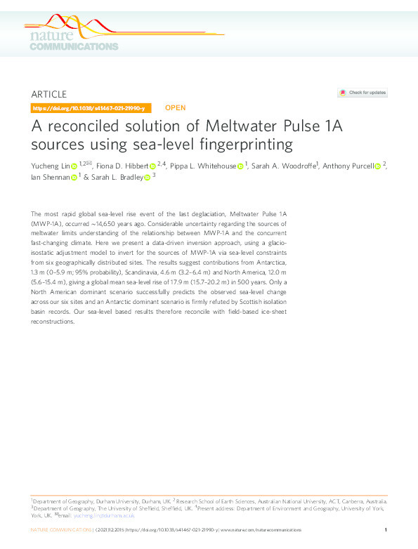 A reconciled solution of Meltwater Pulse 1A sources using sea-level fingerprinting Thumbnail