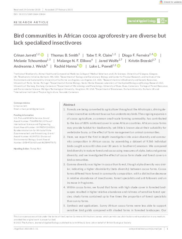 Bird communities in African cocoa agroforestry are diverse but lack specialized insectivores Thumbnail
