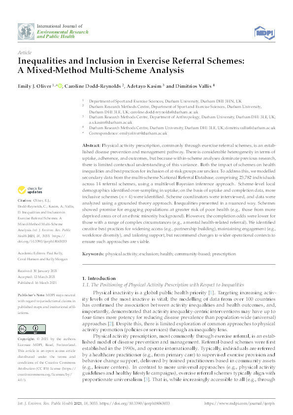 Inequalities and inclusion in exercise referral schemes: a mixed-method multi-scheme analysis Thumbnail