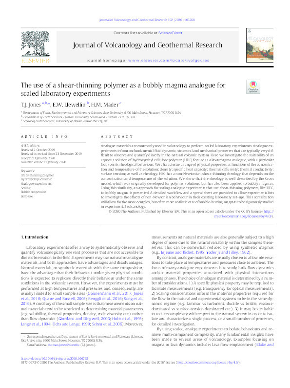 The use of a shear thinning polymer as a bubbly magma analogue for scaled laboratory experiments Thumbnail