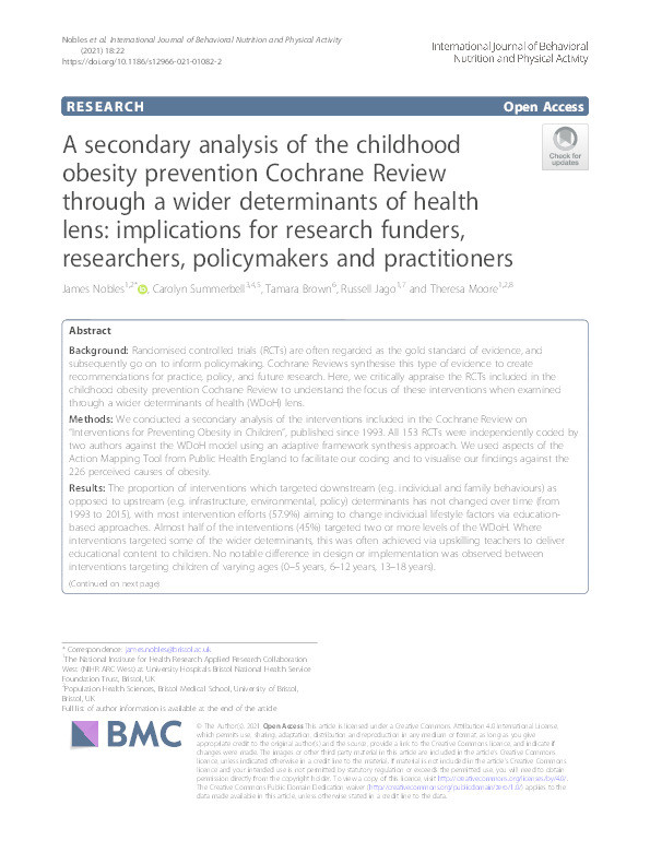 A secondary analysis of the childhood obesity prevention Cochrane Review through a wider determinants of health lens: implications for research funders, researchers, policymakers and practitioners Thumbnail