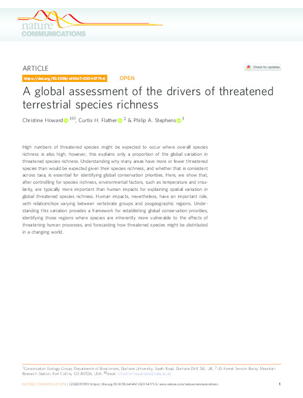 A global assessment of the drivers of threatened terrestrial species richness Thumbnail