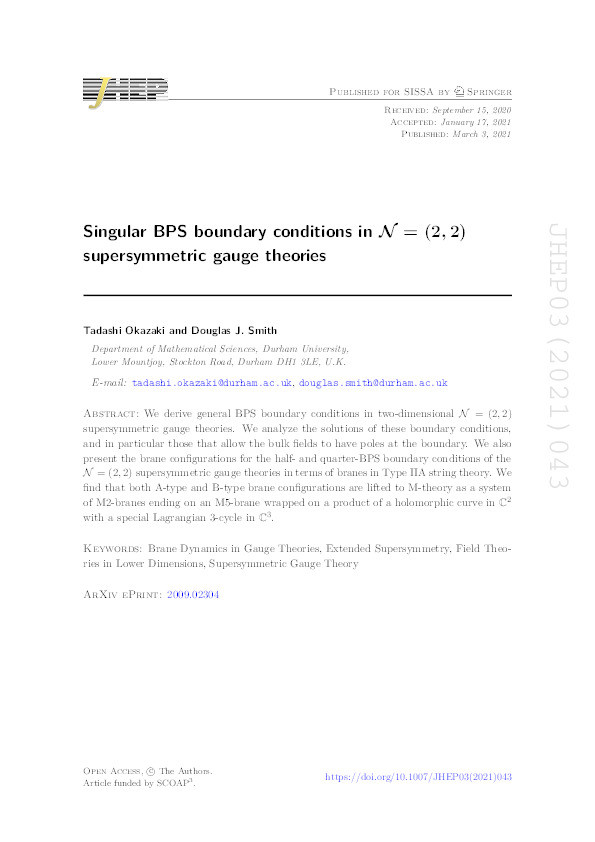 Singular BPS boundary conditions in $$ \mathcal{N} $$ = (2, 2) supersymmetric gauge theories Thumbnail
