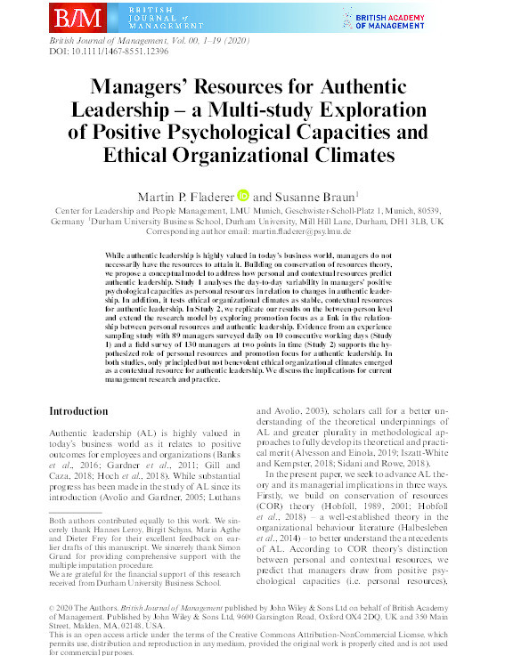 Managers’ resources for authentic leadership – A multi-study exploration of positive psychological capacities and ethical organizational climates Thumbnail