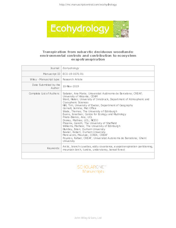 Transpiration from subarctic deciduous woodlands: environmental controls and contribution to ecosystem evapotranspiration Thumbnail
