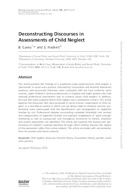 Deconstructing discourses in assessments of child neglect Thumbnail
