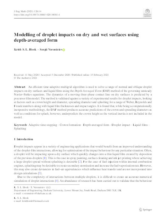 Modelling of droplet impacts on dry and wet surfaces using depth-averaged form Thumbnail