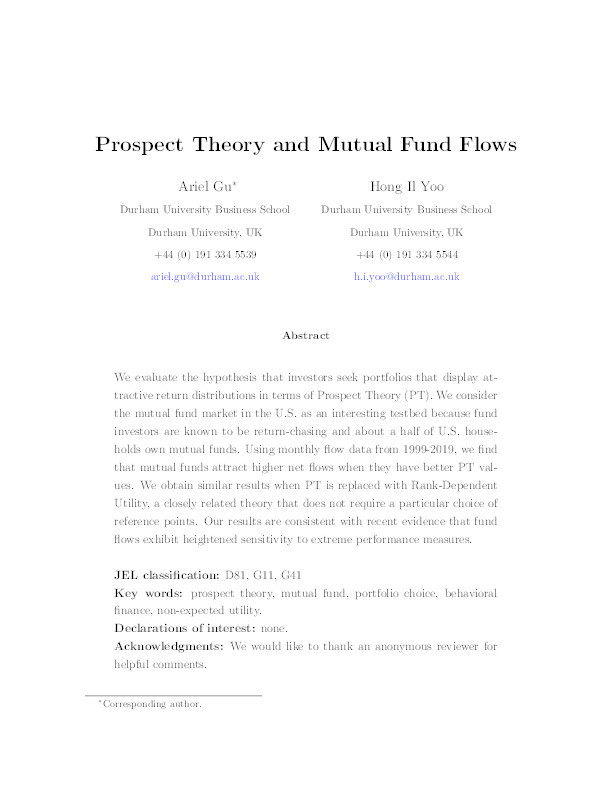 Prospect Theory and Mutual Fund Flows Thumbnail