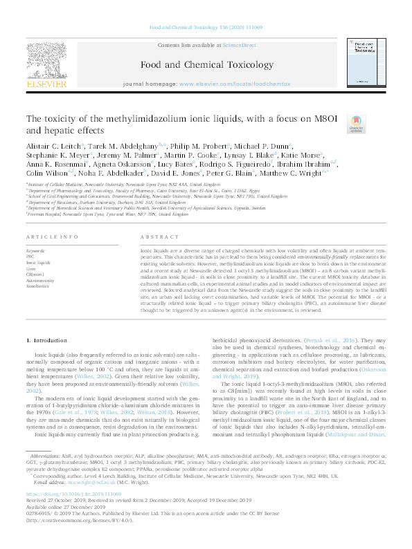 The toxicity of the methylimidazolium ionic liquids, with a focus on M8OI and hepatic effects Thumbnail