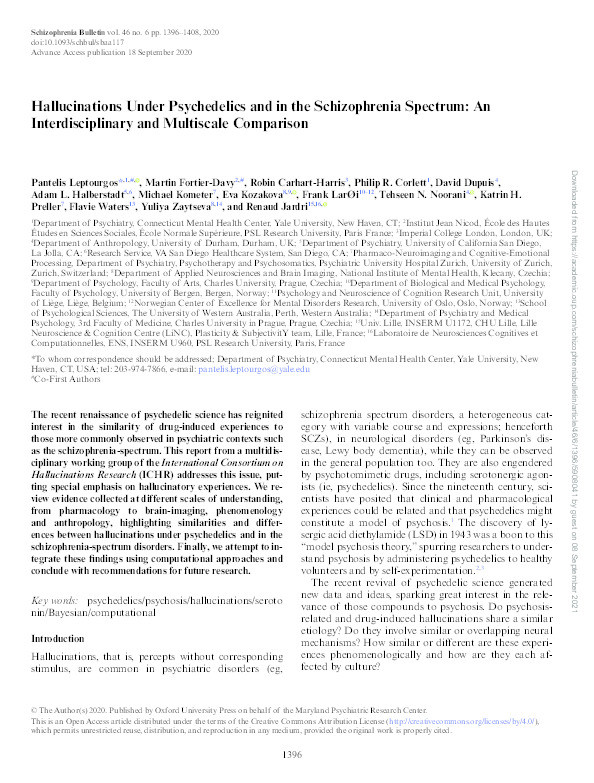 Hallucinations Under Psychedelics and in the Schizophrenia Spectrum: An Interdisciplinary and Multiscale Comparison Thumbnail