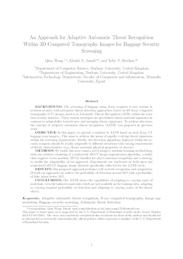 An Approach for Adaptive Automatic Threat Recognition Within 3D Computed Tomography Images for Baggage Security Screening Thumbnail