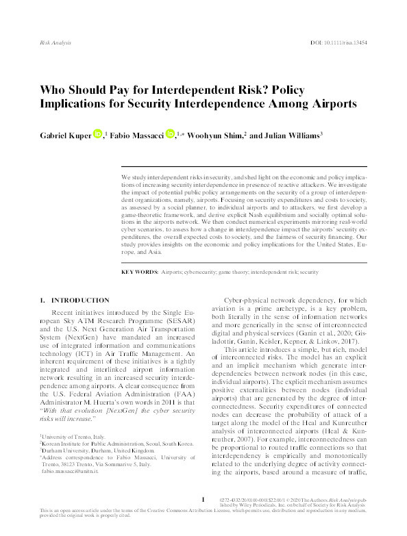 Who should pay for interdependent risk? Policy implications for security interdependence among airports Thumbnail